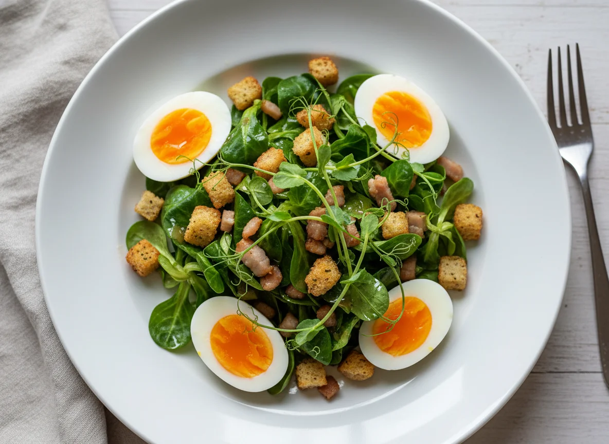 Feldsalat mit Speck, Ei und Croutons photo