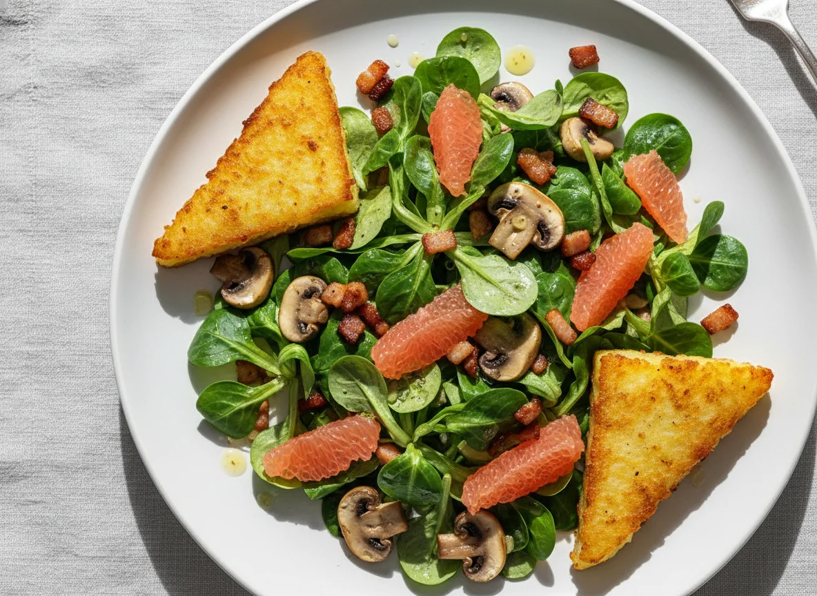 Feldsalat mit Speck, Pilzen, Grapefruit und Kartoffelrösti photo