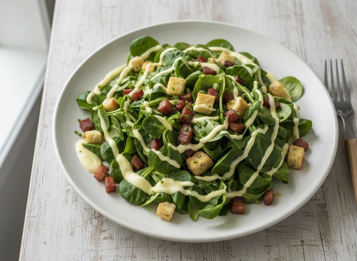 Feldsalat mit Speck und Croutons photo