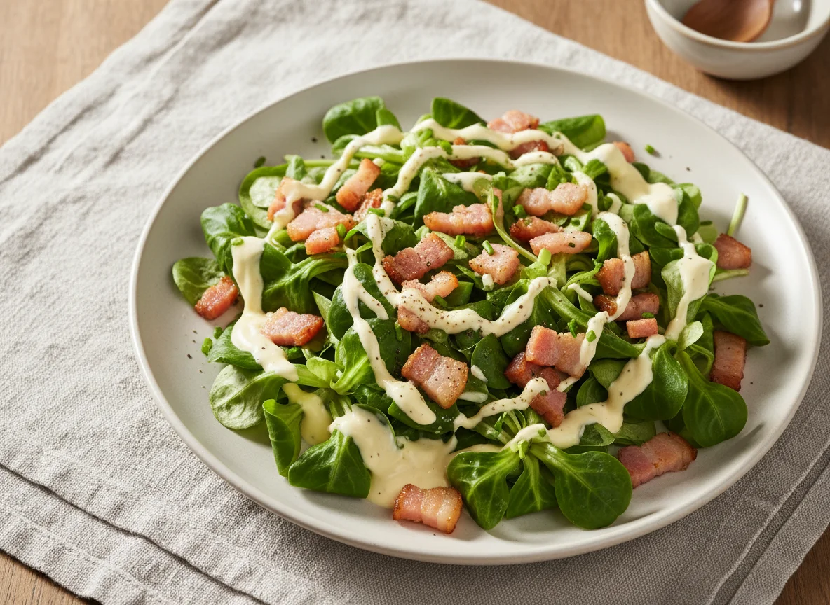 Feldsalat mit Speck und Dressing photo