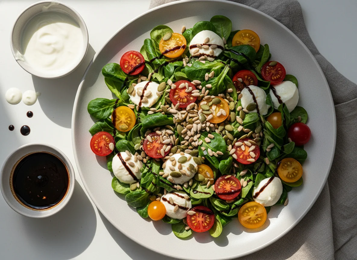 Feldsalat mit Tomaten, Mozzarella, Kernen und zwei Dressings photo
