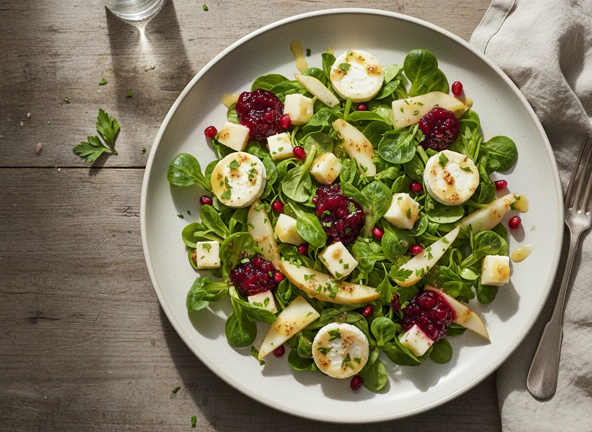 Feldsalat mit Ziegenkäse, Birne, Preiselbeeren und Honig-Senf-Dressing photo
