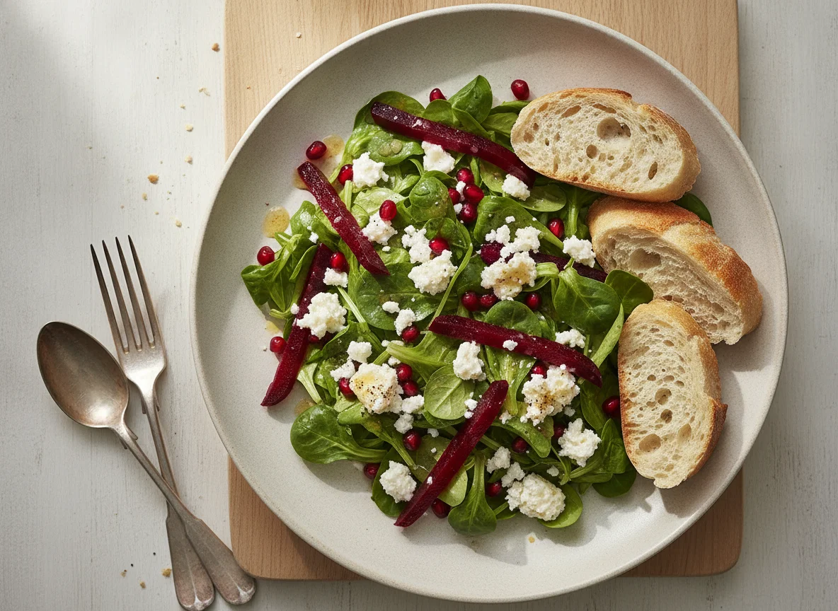 Feldsalat mit Ziegenkäse, Granatapfel und Rote Bete photo