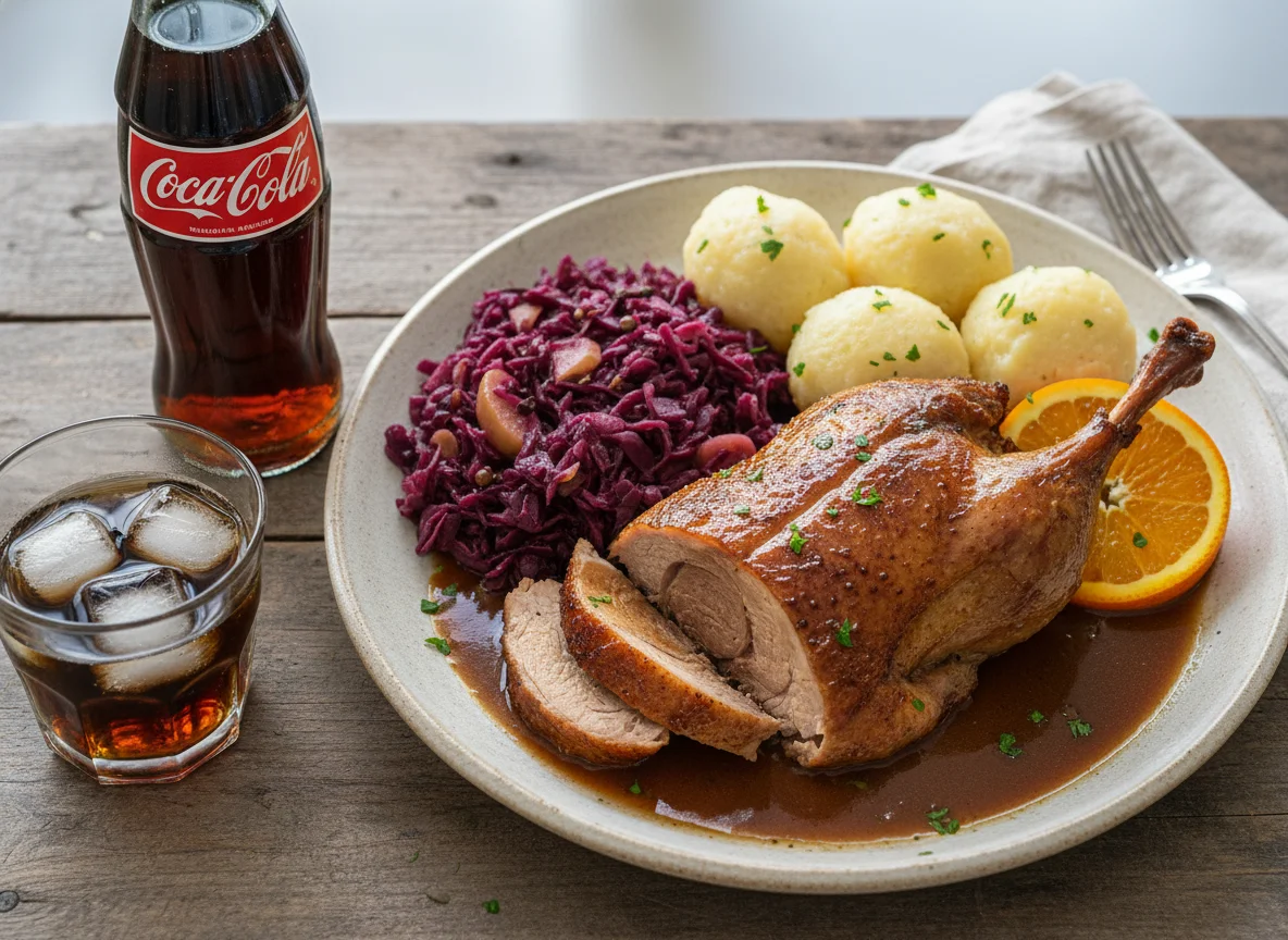 Festlicher Entenbraten mit Rotkohl und Klößen photo