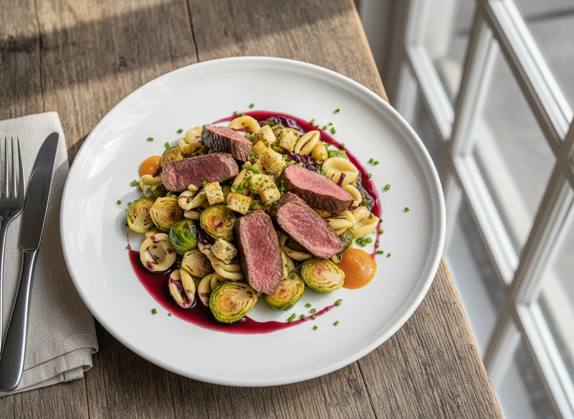 Festliches Gericht mit Pasta, Rosenkohl und Rotkraut photo
