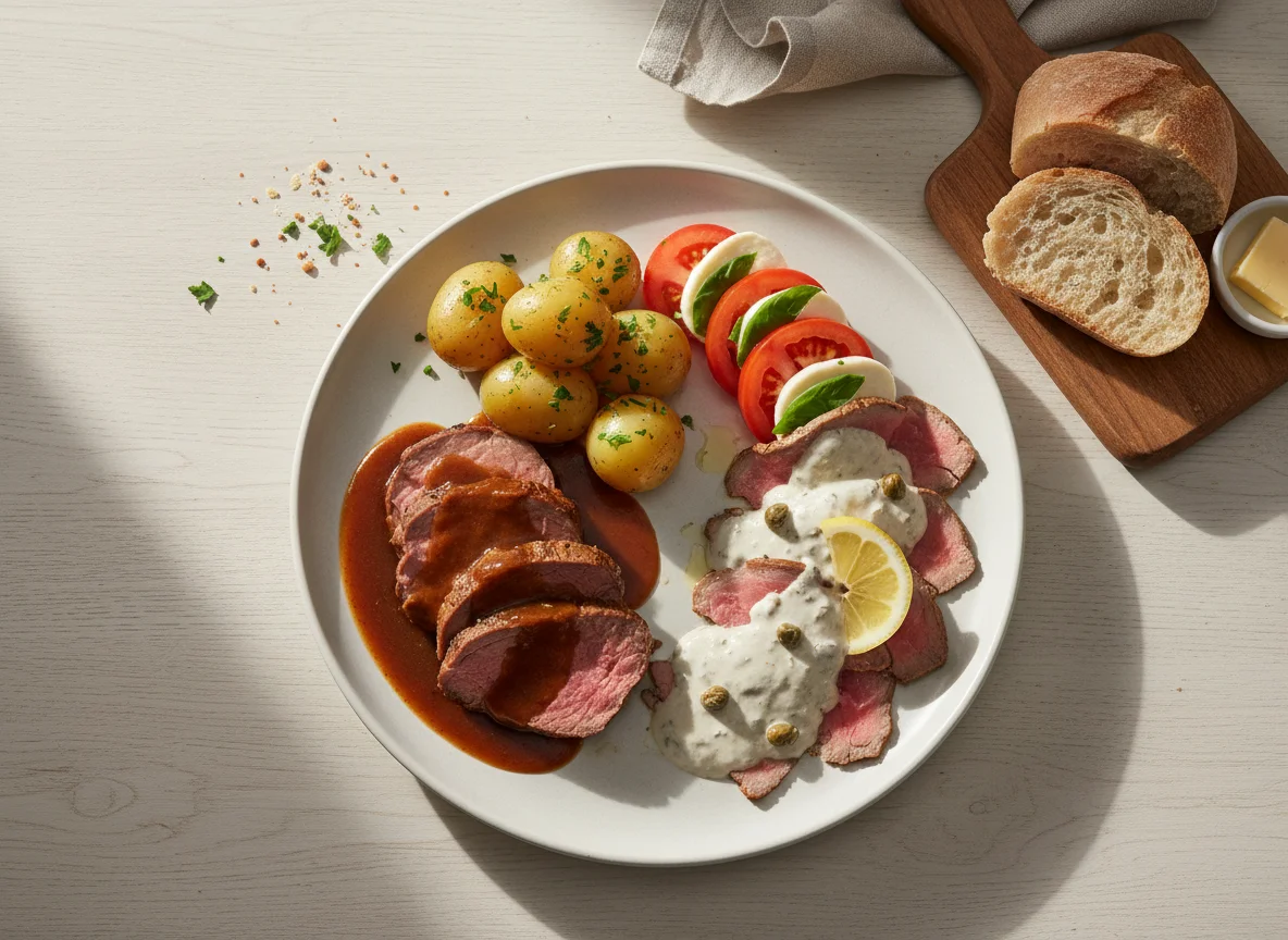 Festliches Gericht mit Rinderbraten und Vitello Tonnato photo