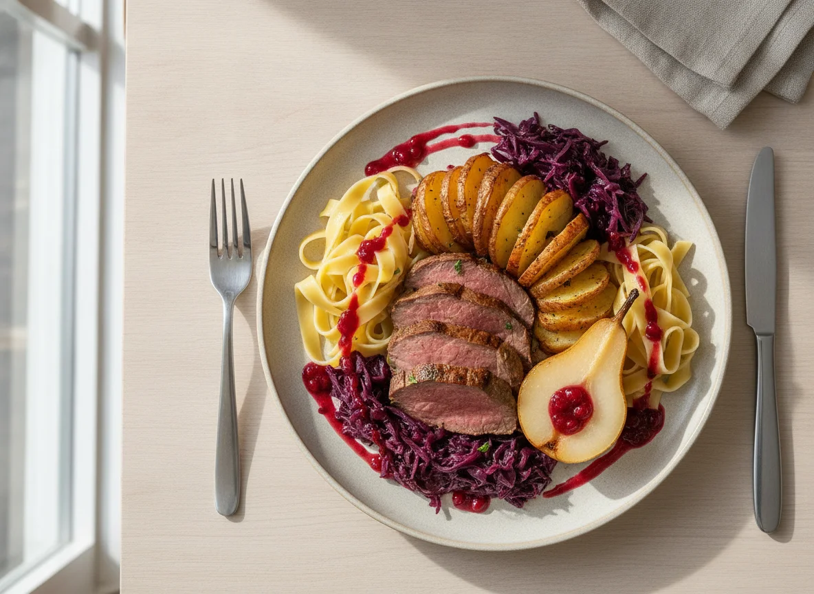 Festliches Gericht mit Rindfleisch, Pasta und Birne photo