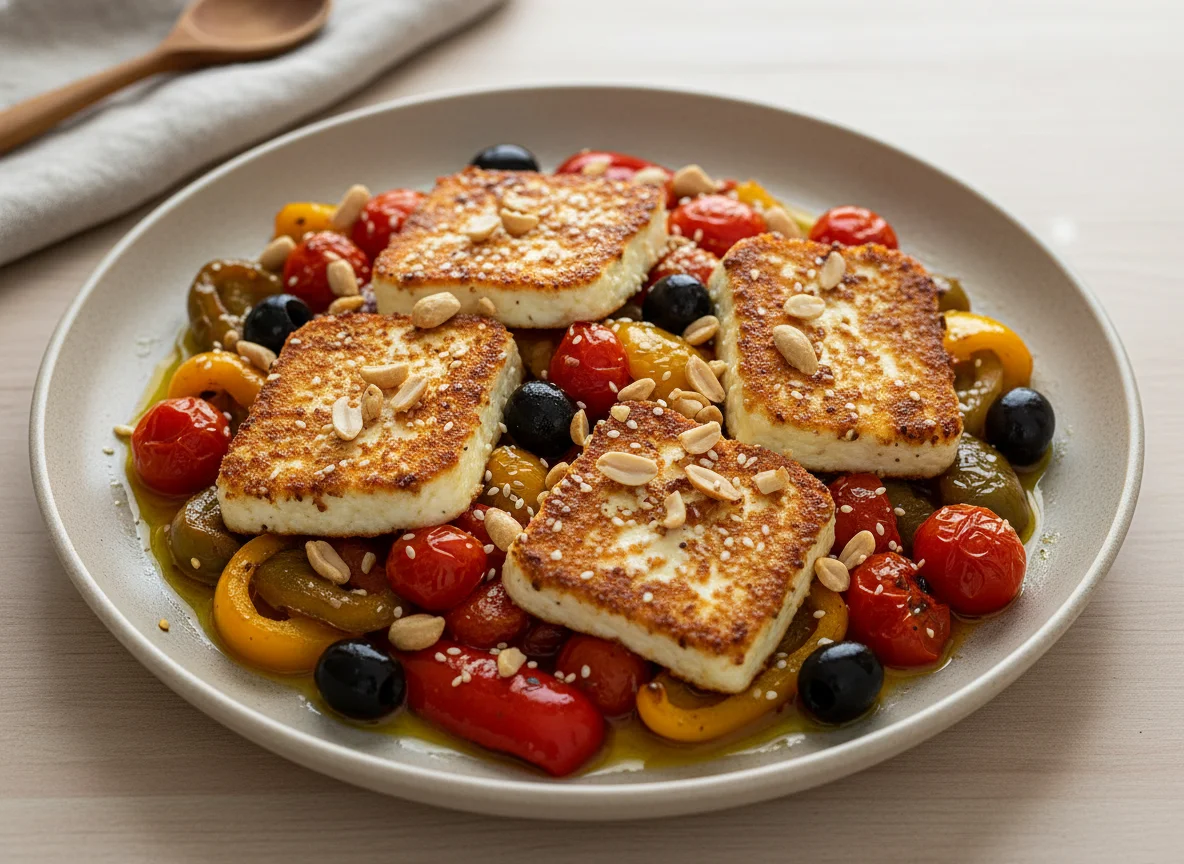 Feta mit gebratenem Gemüse und Nüssen photo