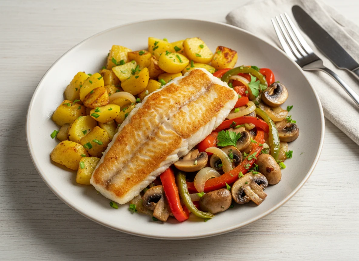 Fisch mit Bratkartoffeln und Gemüsemischung photo