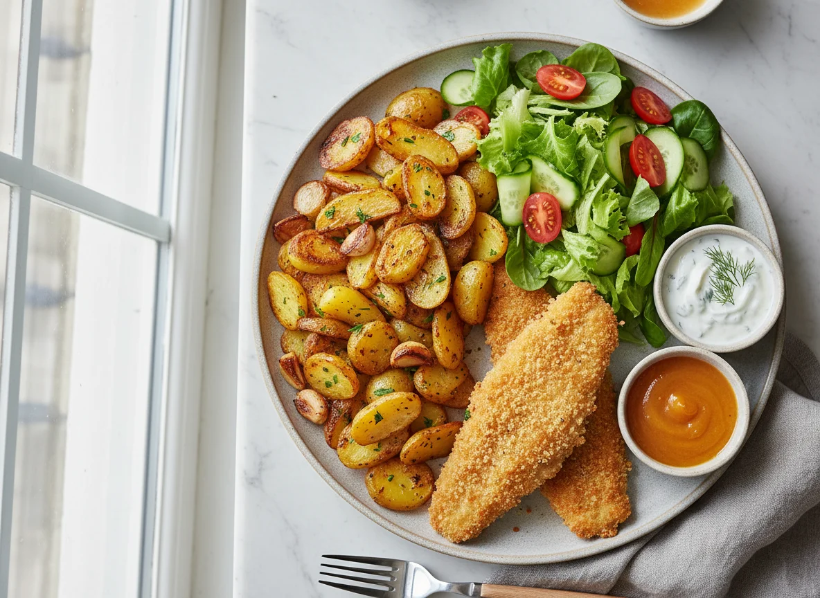 Fisch mit Bratkartoffeln und Salat photo