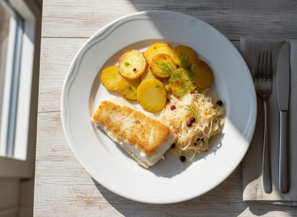Fisch mit Bratkartoffeln und Sauerkraut photo