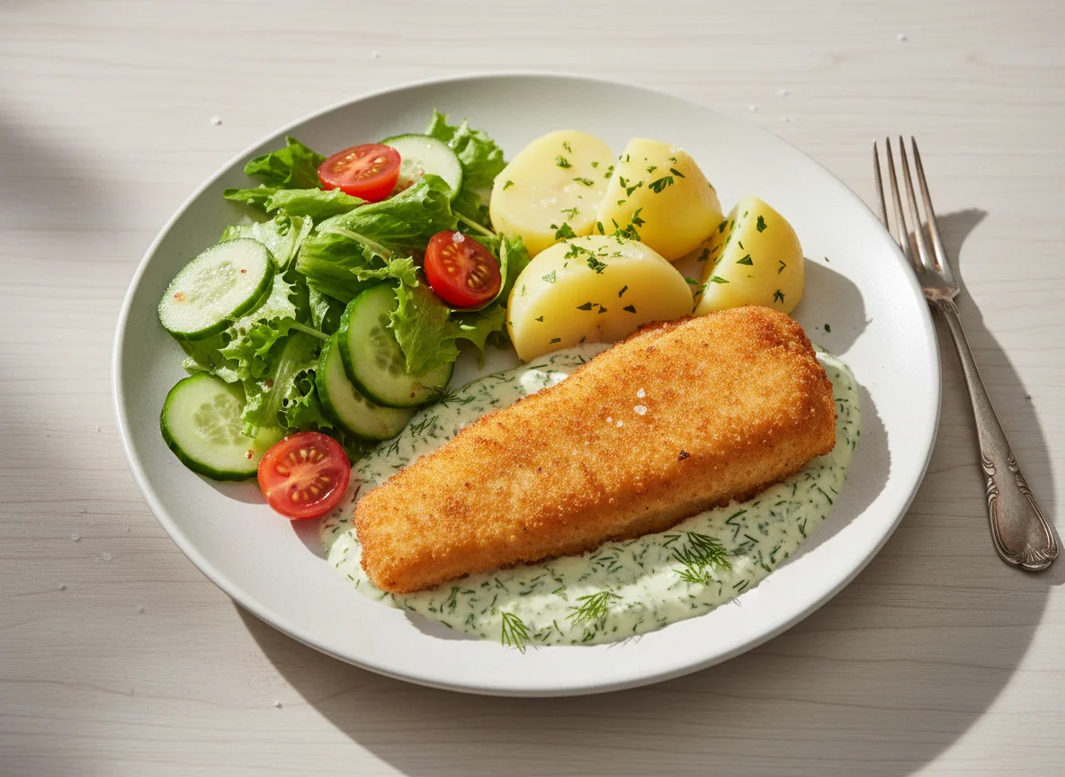 Fisch mit Dillsoße, Kartoffeln und Salat photo