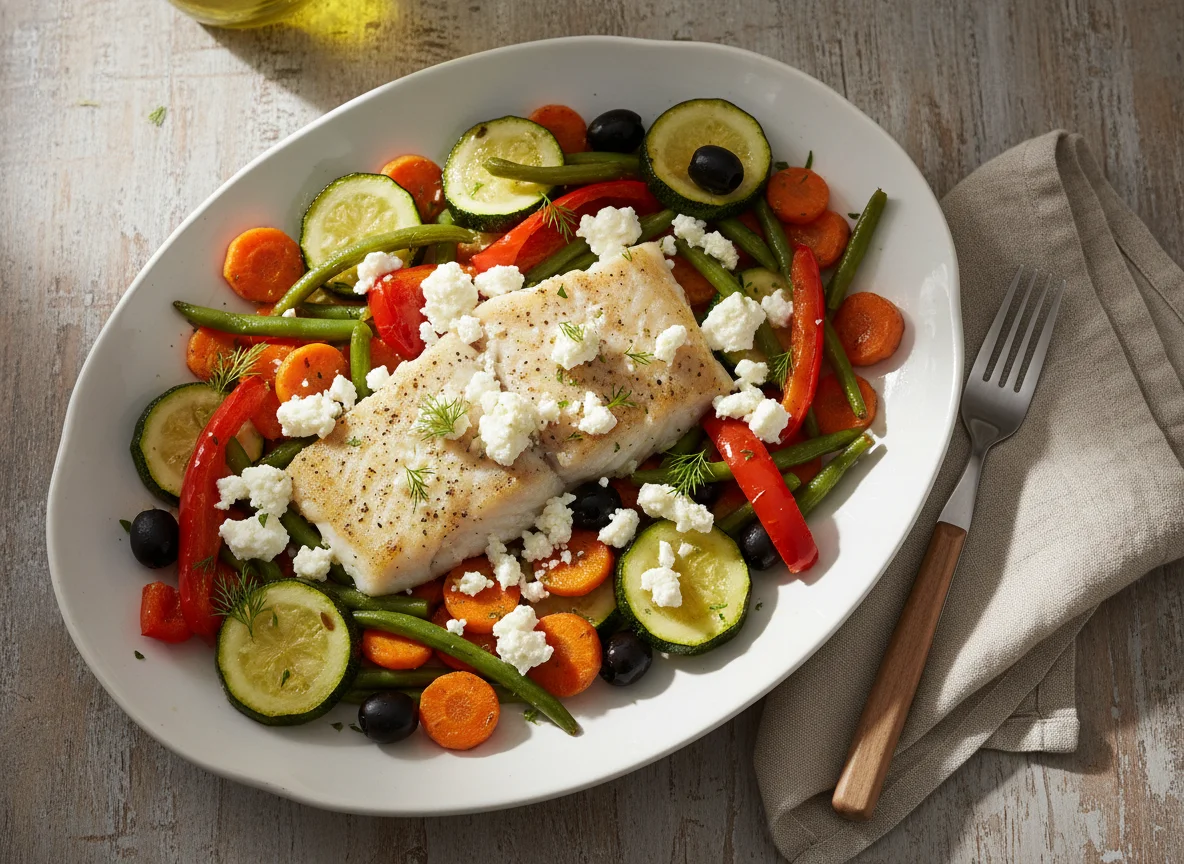 Fisch mit Gemüse und Feta photo