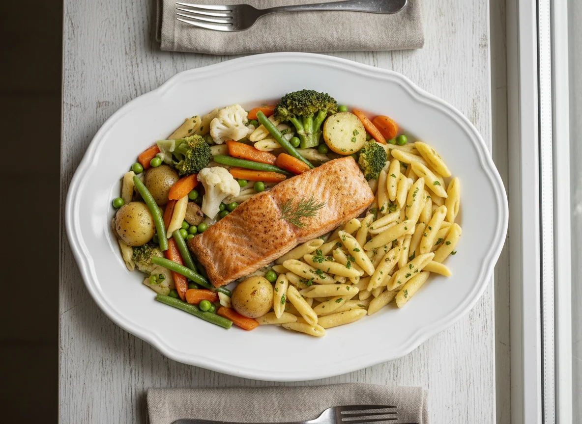 Fisch mit Gemüse und Nudeln photo