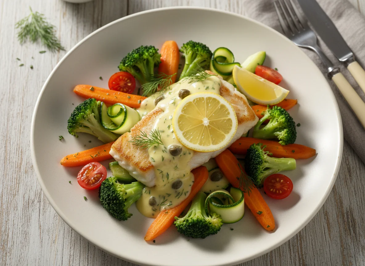 Fisch mit Gemüse und Zitronensauce photo
