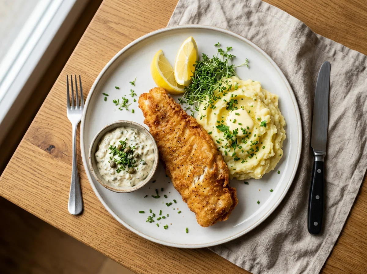 Fisch mit Kartoffelbrei und Remoulade photo