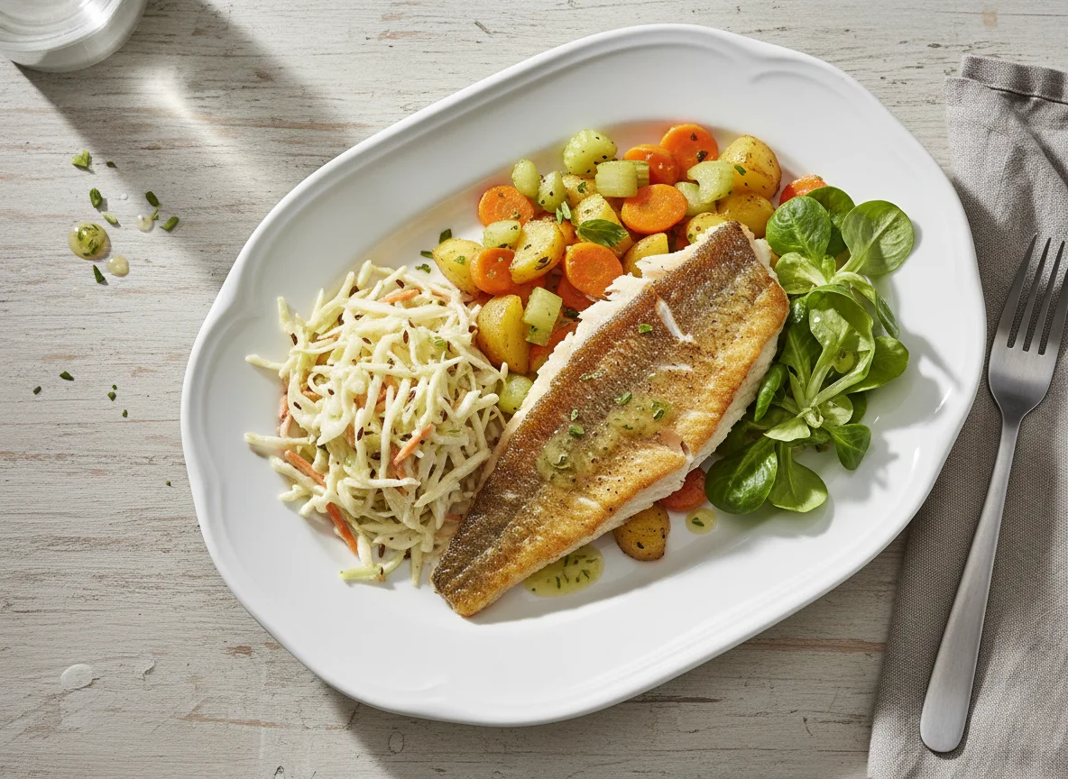 Fisch mit Kartoffel-Gemüse und Krautsalat photo