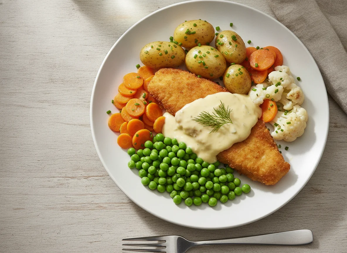 Fisch mit Kartoffeln, Gemüse und Sauce photo