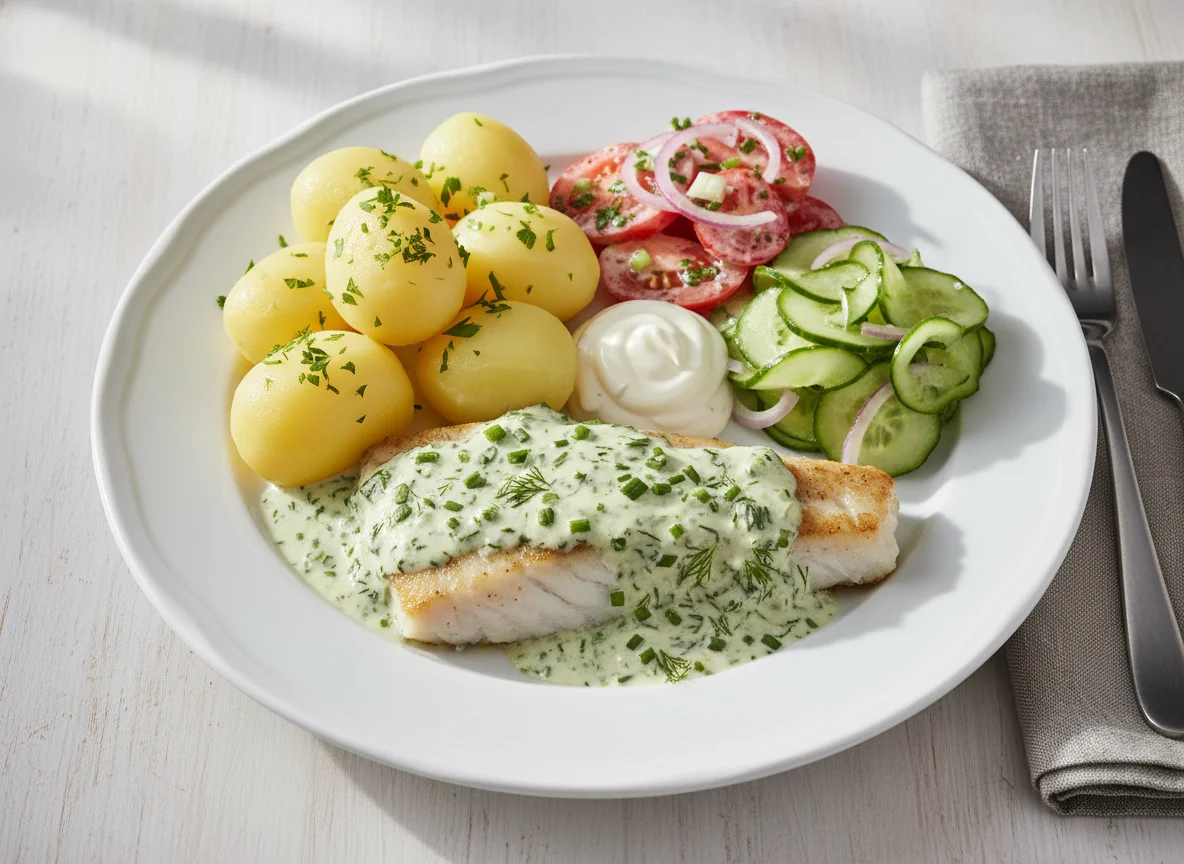 Fisch mit Kartoffeln, Sauce und Salat photo