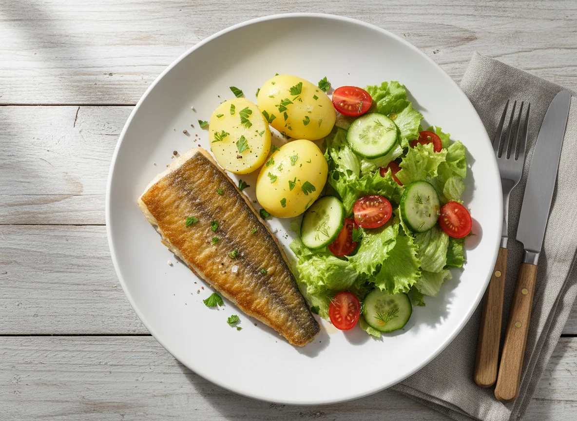 Fisch mit Kartoffeln und Salat photo
