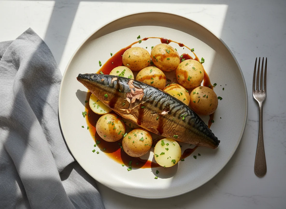 Fisch mit Kartoffeln und Sauce photo