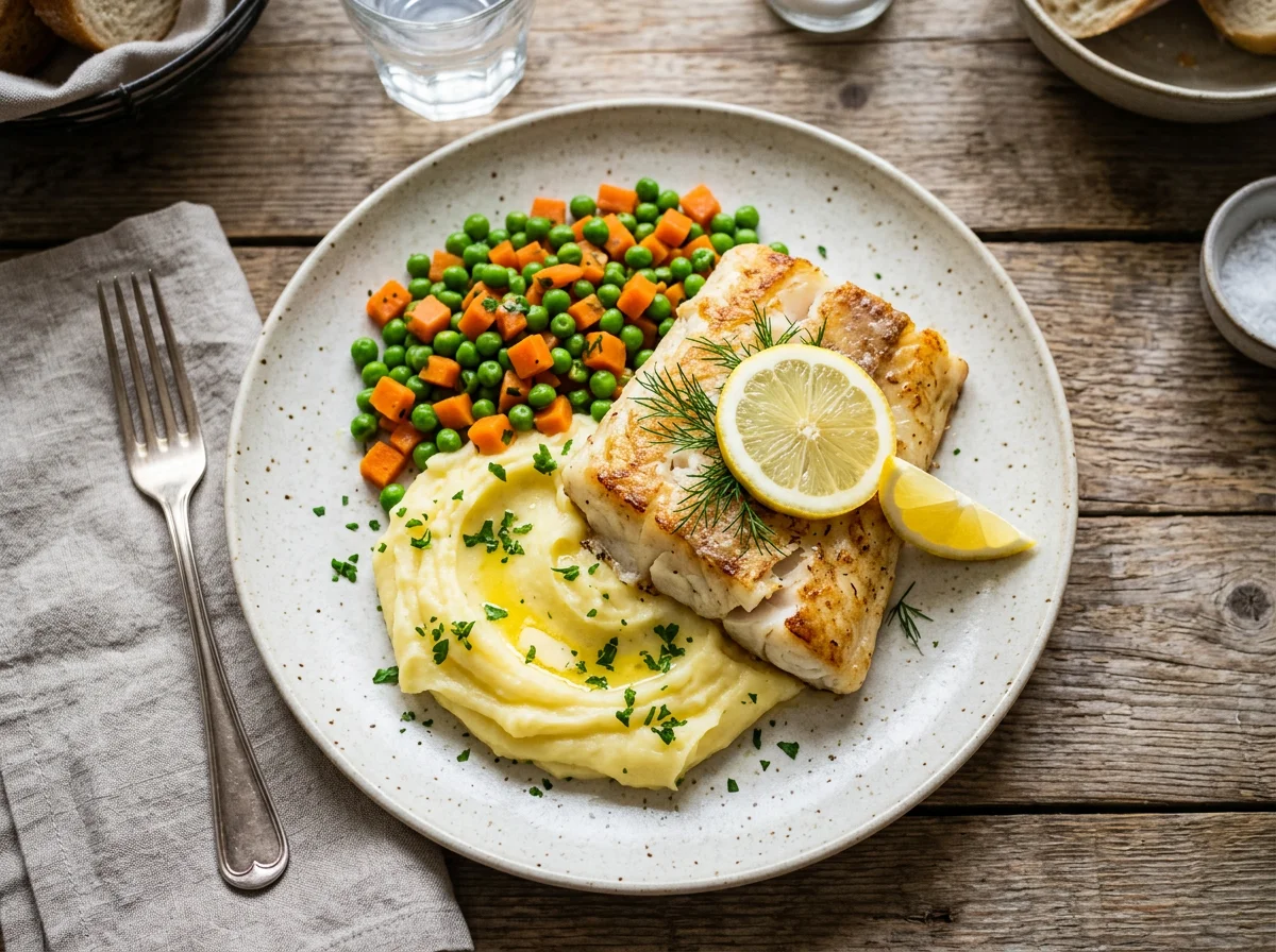 Fisch mit Kartoffelpüree und Erbsen-Karotten-Gemüse photo