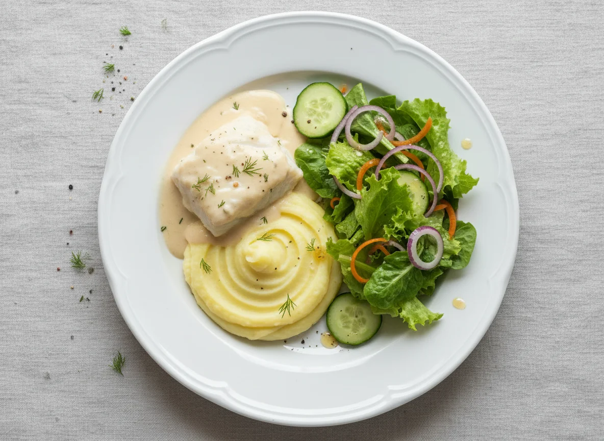 Fisch mit Kartoffelpüree und Salat photo