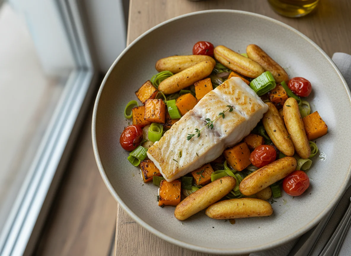 Fisch mit Kürbis, Tomaten und Schupfnudeln photo