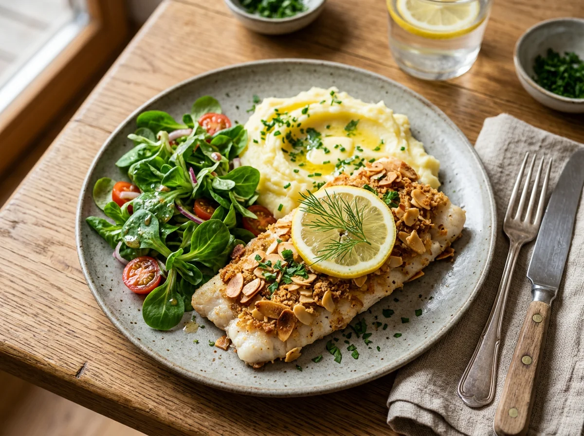Fisch mit Mandelkruste und Kartoffelpüree photo