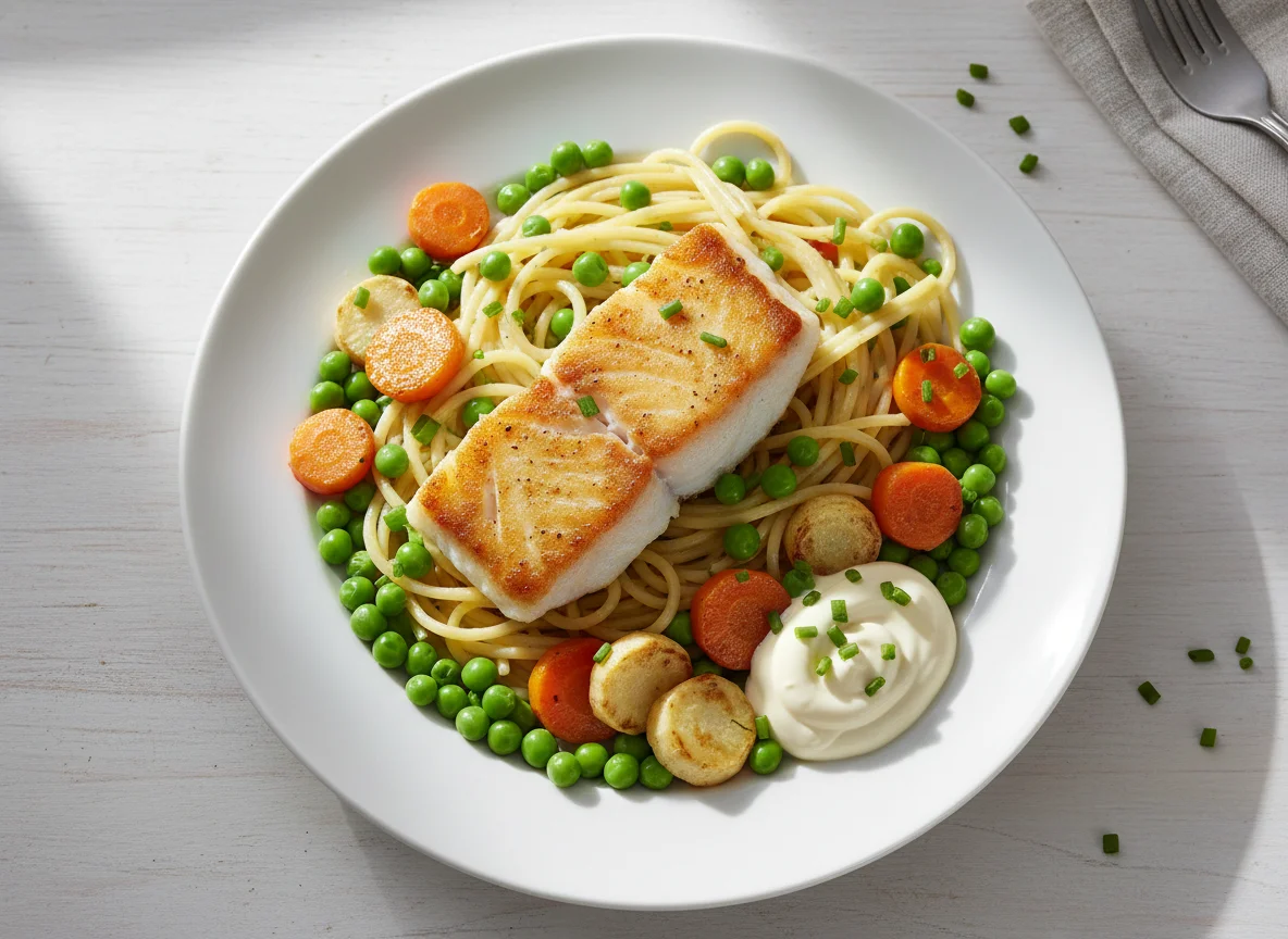 Fisch mit Nudeln, Erbsen, Wurzelgemüse und Sauce photo