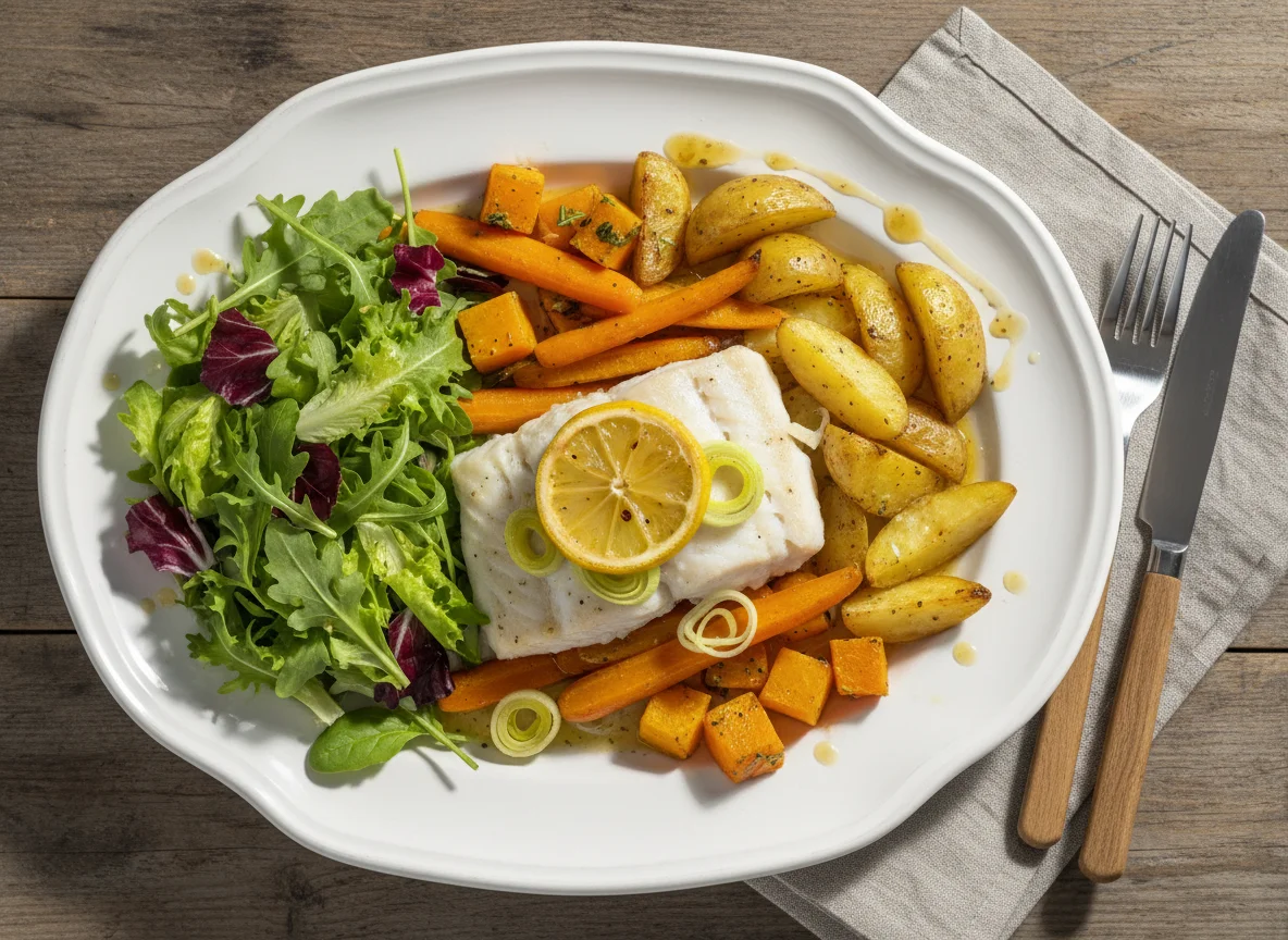 Fisch mit Ofengemüse und Salat photo