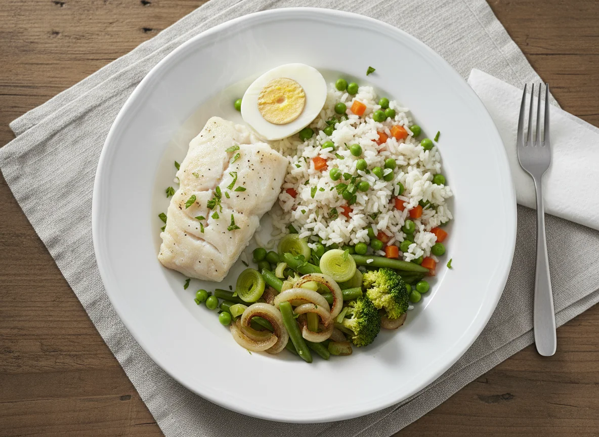 Fisch mit Reis, Gemüse und Ei photo