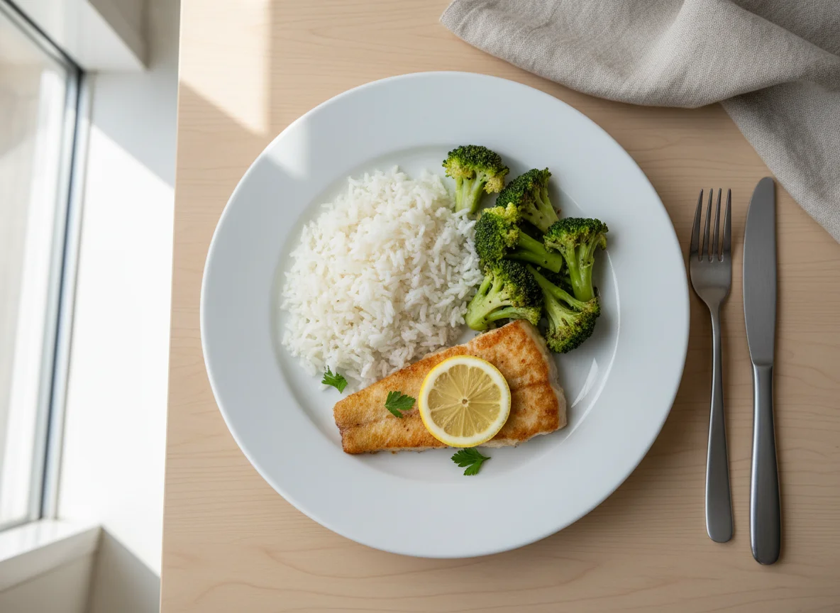 Fisch mit Reis und Brokkoli photo