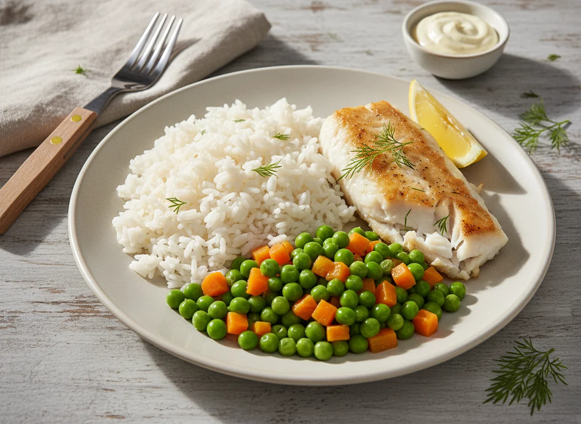 Fisch mit Reis und Erbsen-Karotten-Gemüse photo