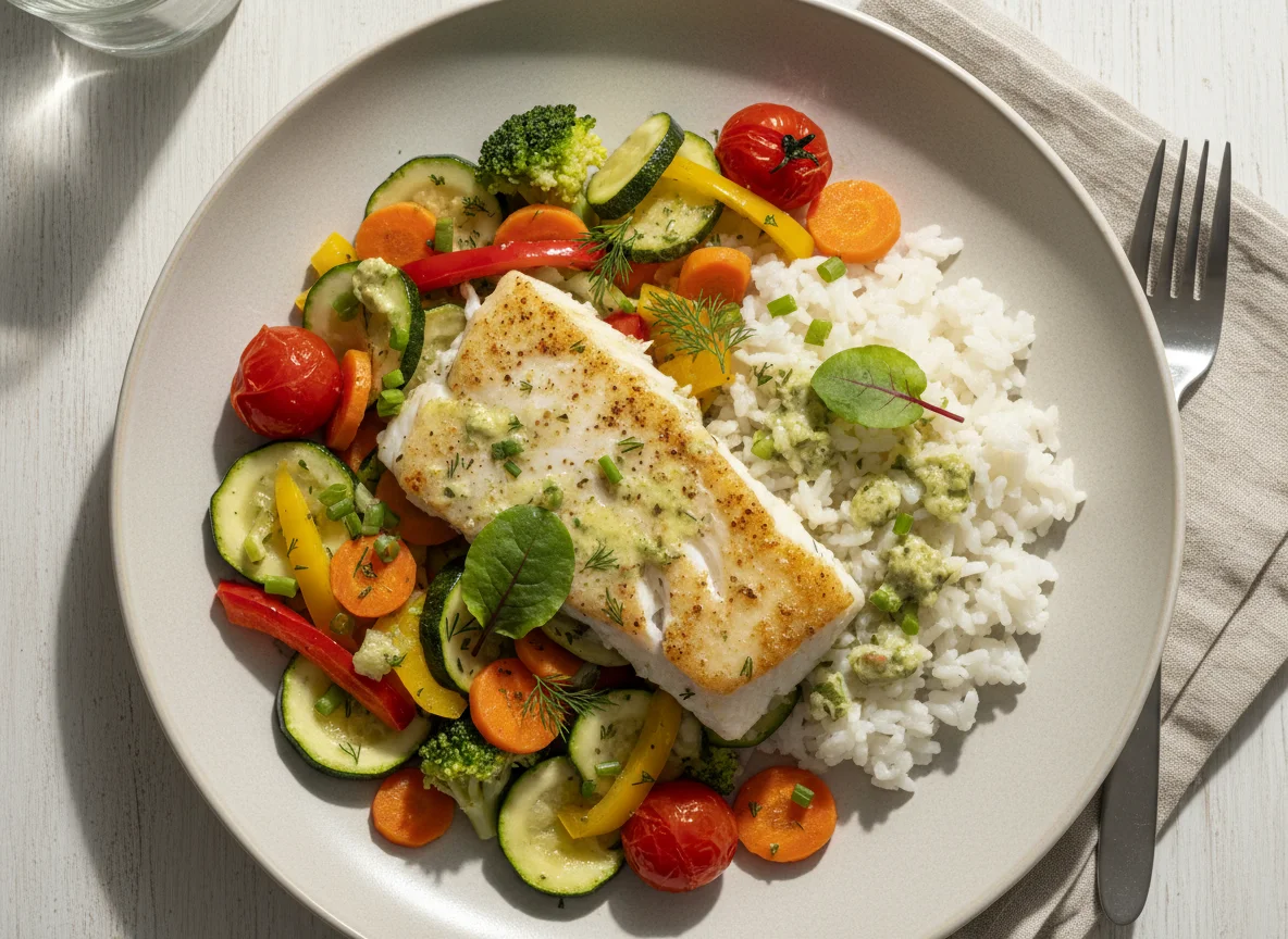 Fisch mit Reis und Gemüse in Kräutersauce photo