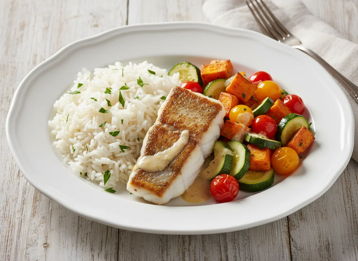 Fisch mit Reis und Gemüse photo