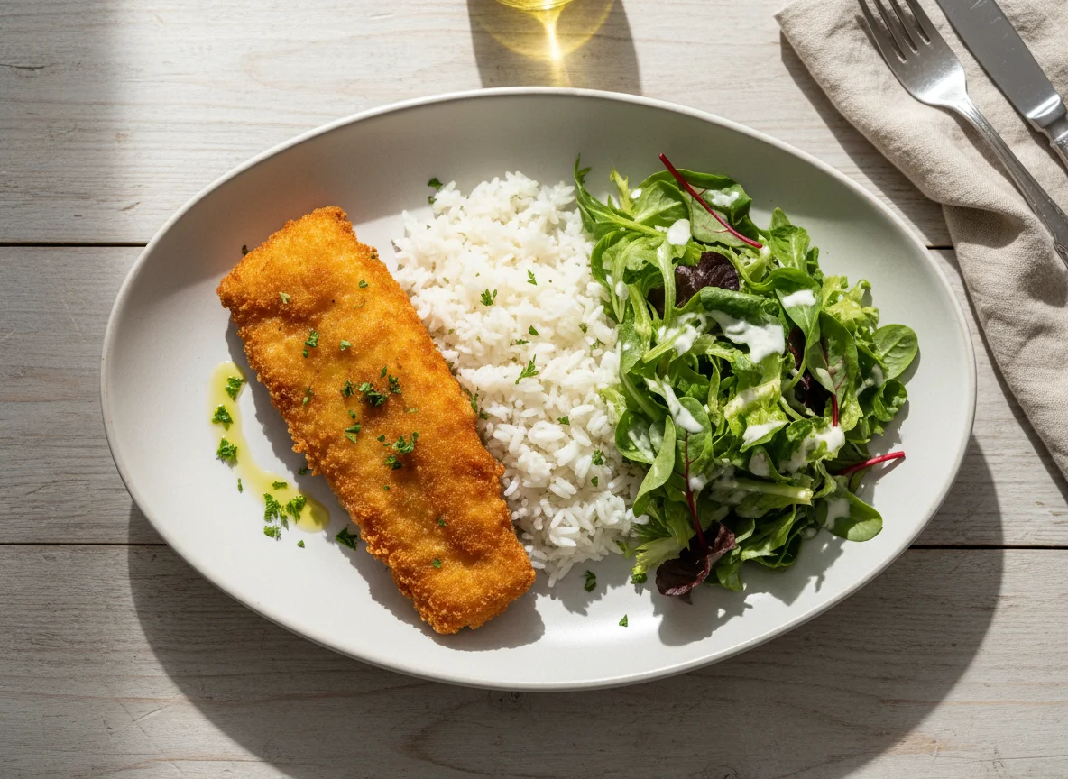 Fisch mit Reis und Salat photo