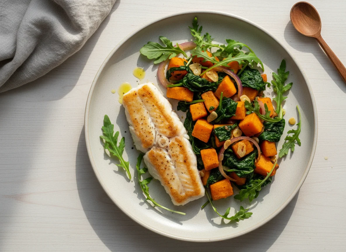 Fisch mit Süßkartoffel-Spinat-Pfanne und Rucola photo