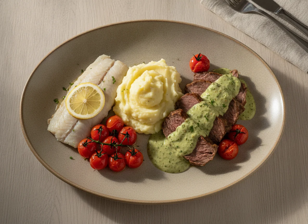Fisch und Fleisch mit Beilagen photo