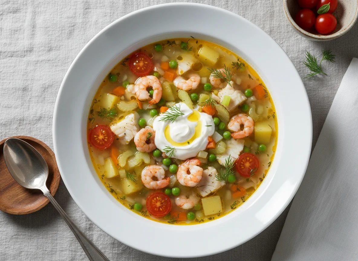 Fisch- und Gemüsesuppe mit Sauerrahm photo