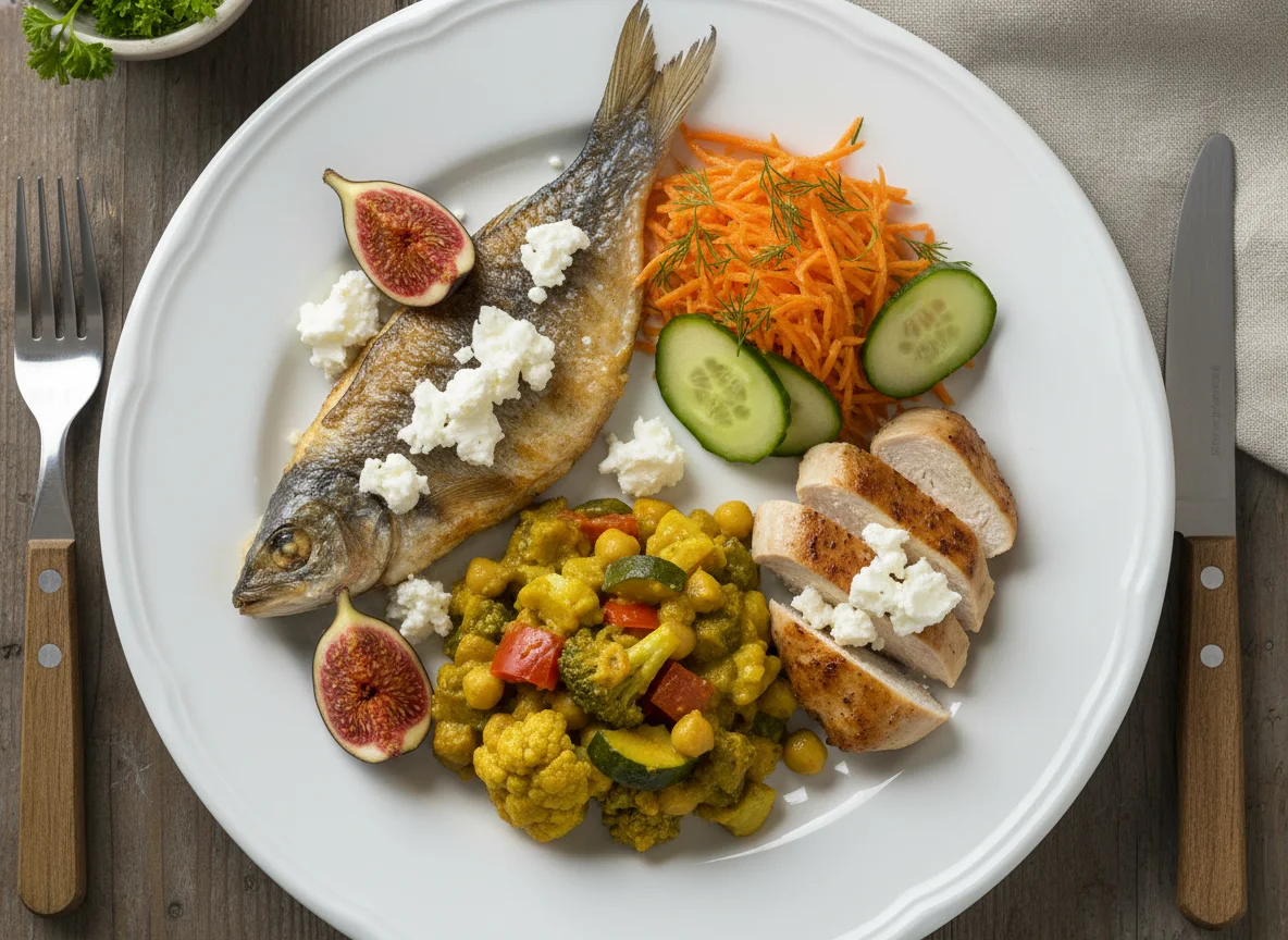Fisch- und Hähnchengericht mit Feigen und Ziegenkäse photo