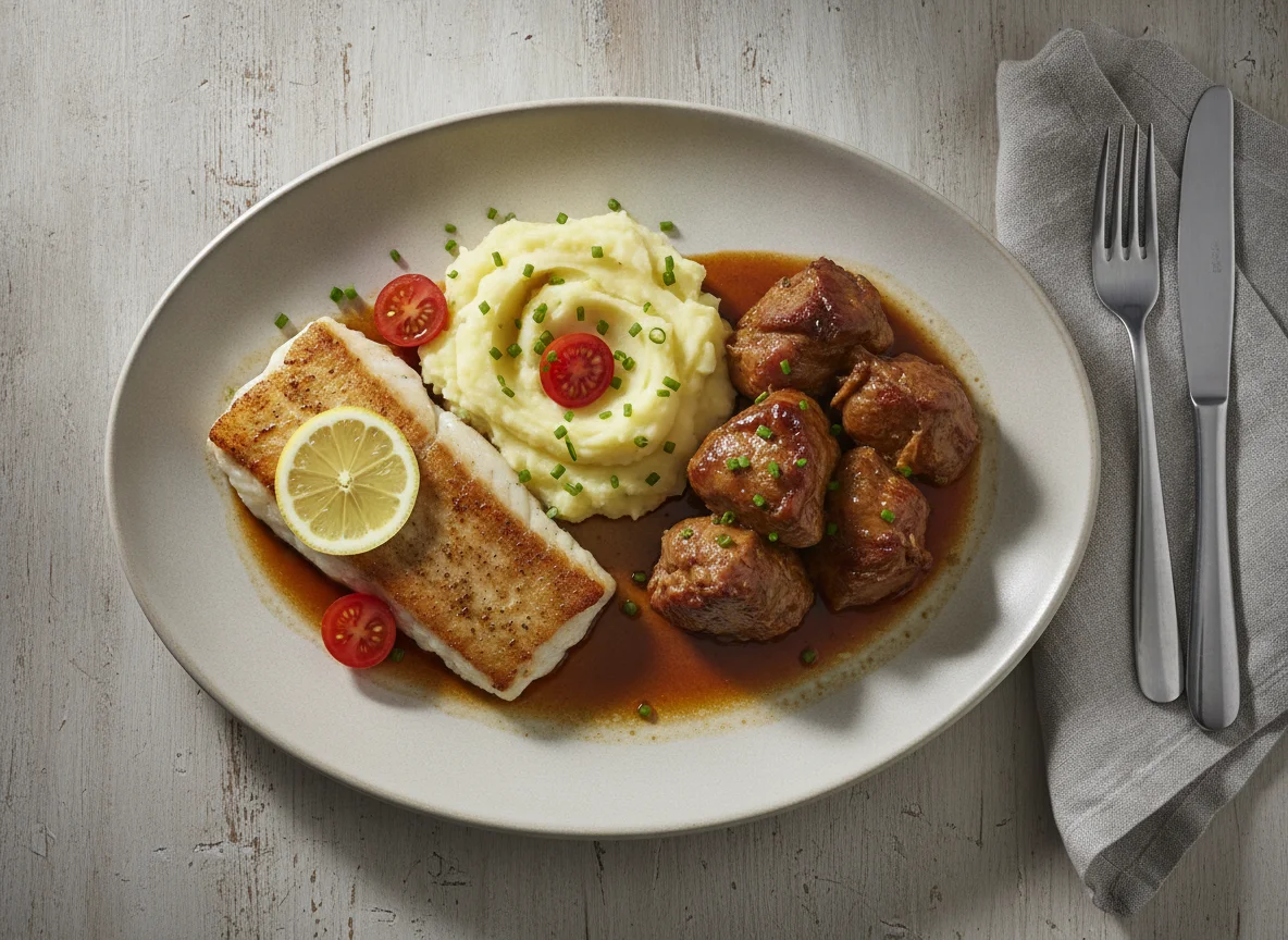Fisch- und Lammgericht mit Kartoffeln und Sauce photo