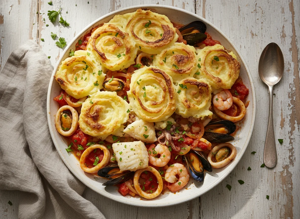 Fisch- und Meeresfrüchte-Gratin mit Kartoffelpüree photo