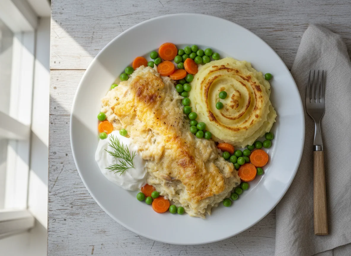 Fischauflauf mit Kartoffelpüree und Gemüse photo
