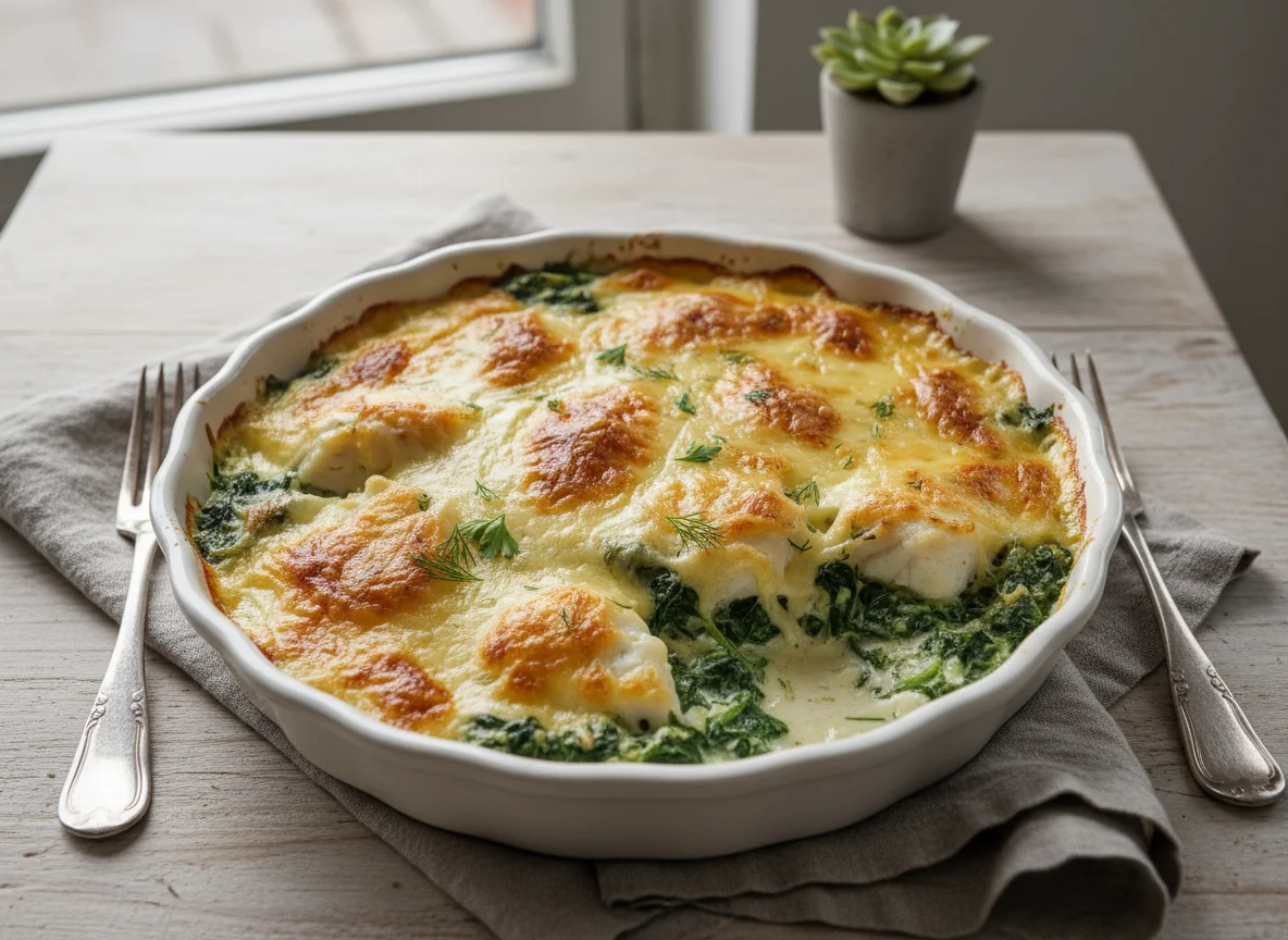 Fischauflauf mit Spinat und Käse photo