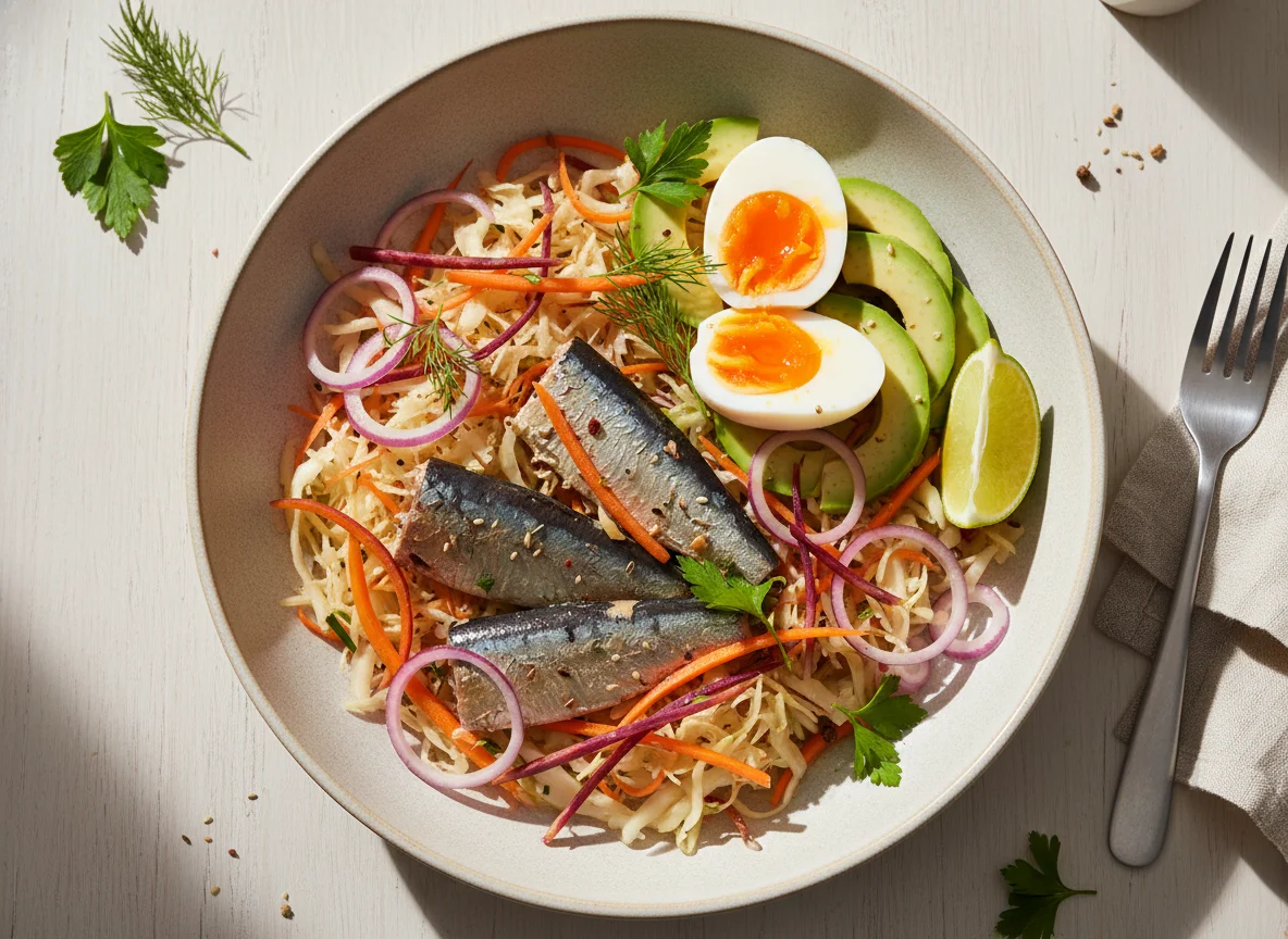 Fisch-Bowl mit Gemüse und Ei photo