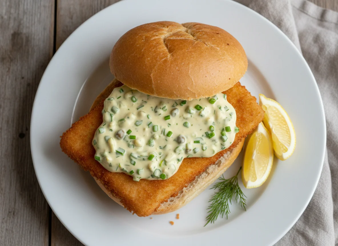 Fischbrötchen mit Backfisch und Remoulade photo