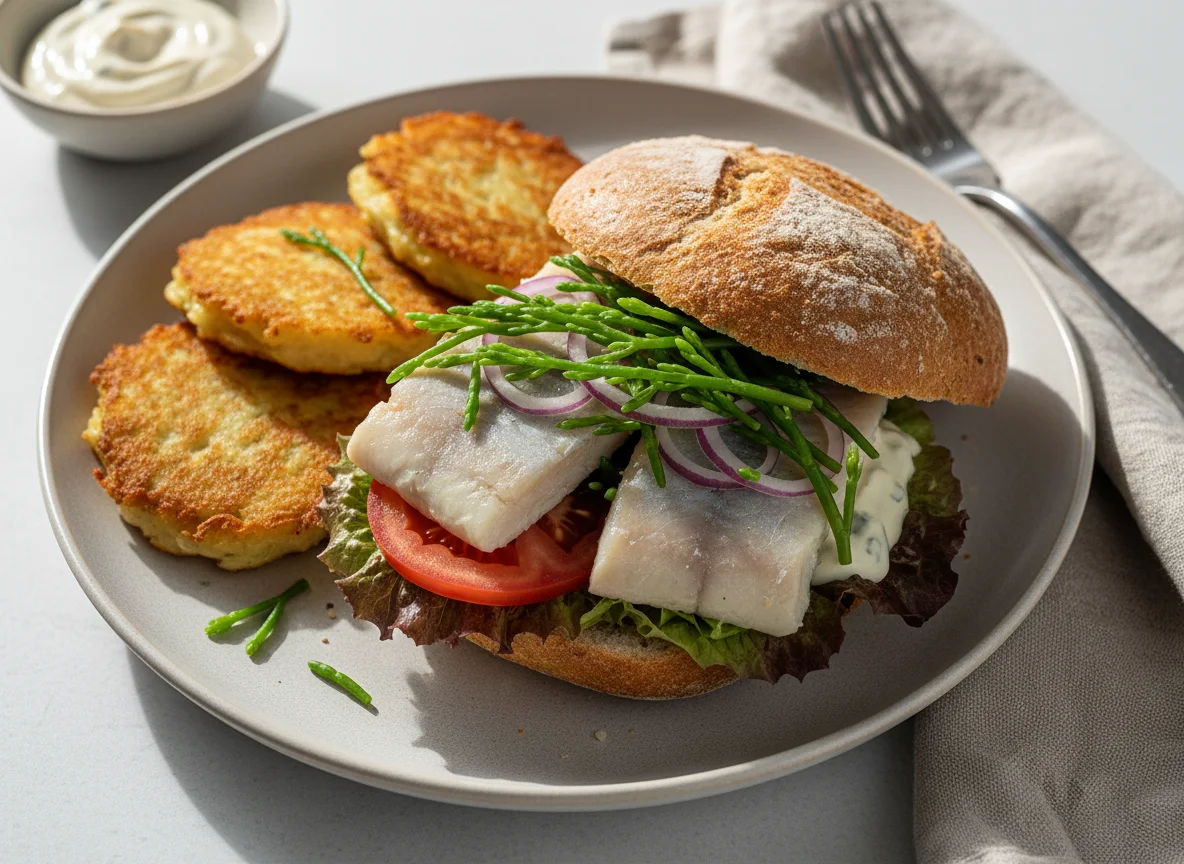 Fischbrötchen mit Beilage photo