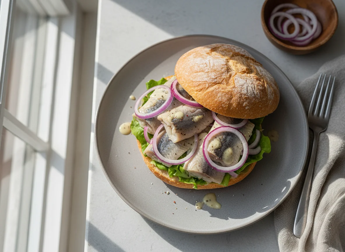 Fischbrötchen mit Hering und Zwiebeln photo