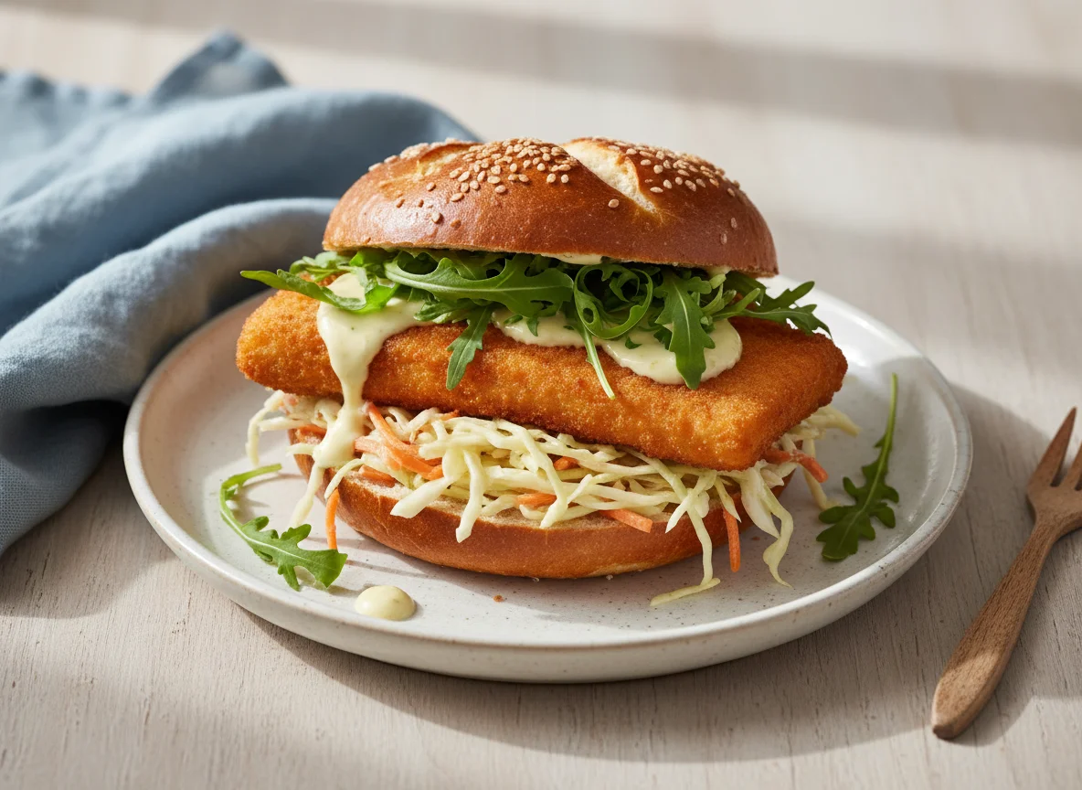 Fischbrötchen mit Krautsalat und Rucola photo
